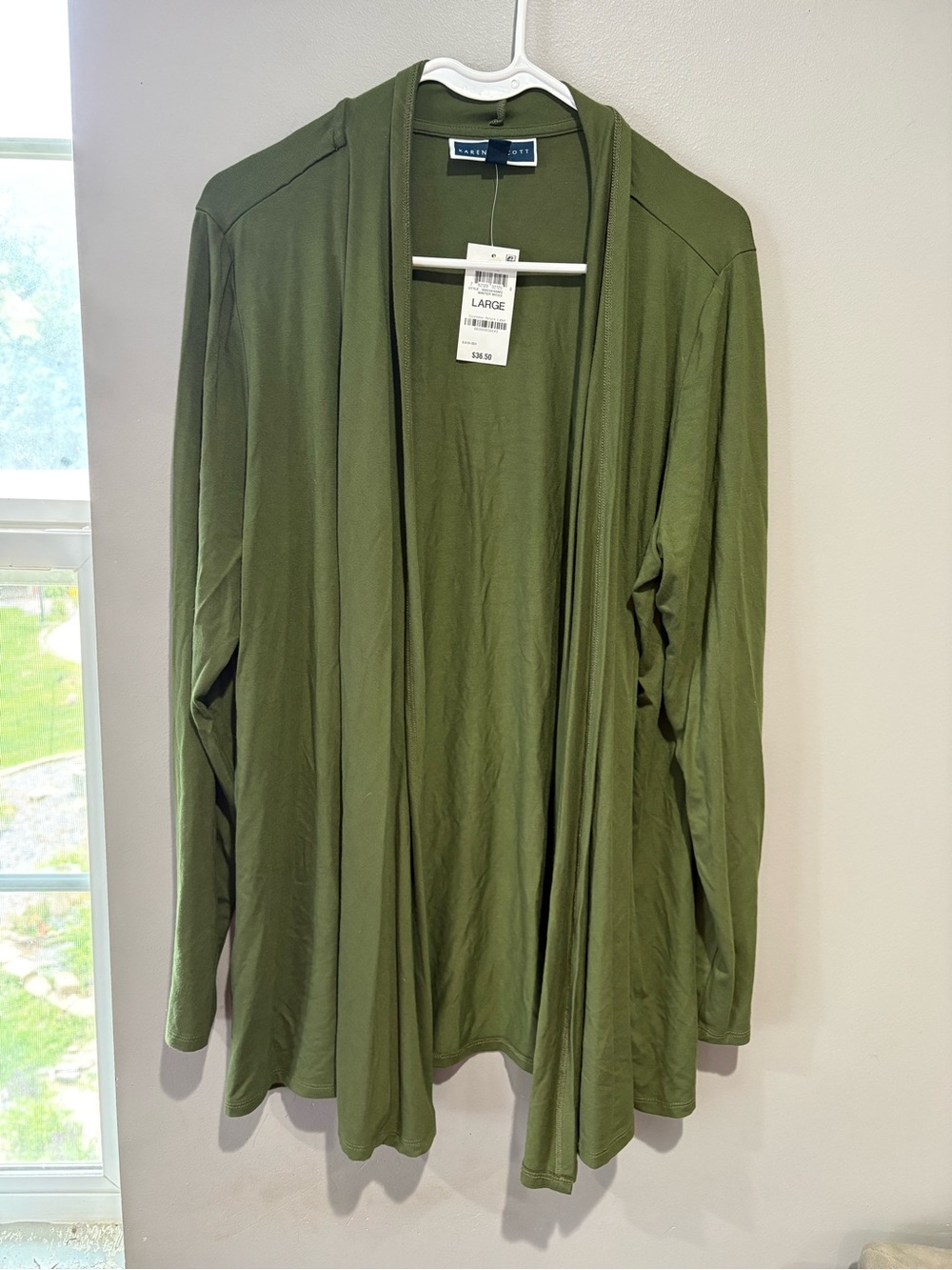 Karen Scott Winter Moss Green Open Front Cardigan Jacket Large NWT